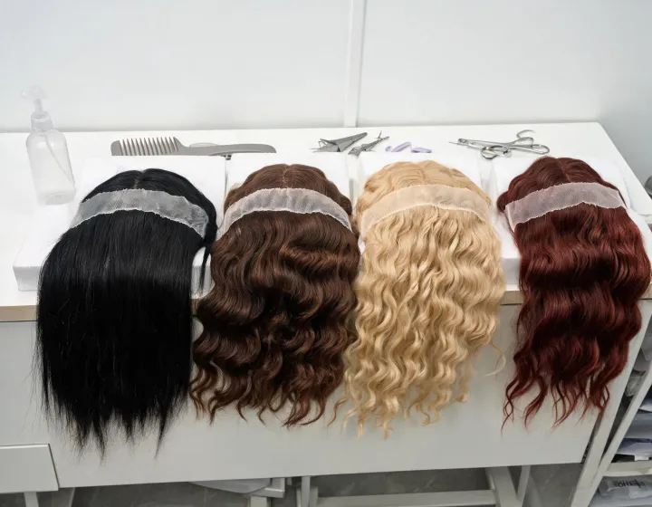 Frontal Wig Sourcing on a cosmetics bench, illustration only